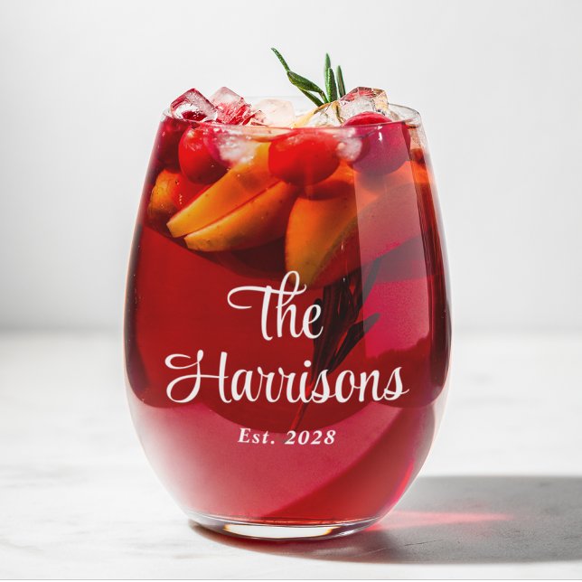 Stilvolle White Script Family Monogram Weinglas Ohne Stiel (Von Creator hochgeladen)