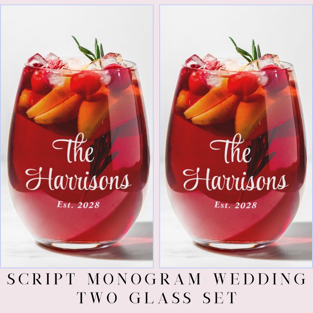 Stilvolle White Script Monogram Wedding Weinglas Ohne Stiel (Von Creator hochgeladen)