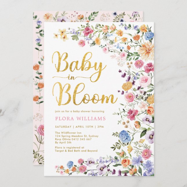 Stilvolle Wildblume Meadow Baby in Bloom Garden Einladung (Vorne/Hinten)
