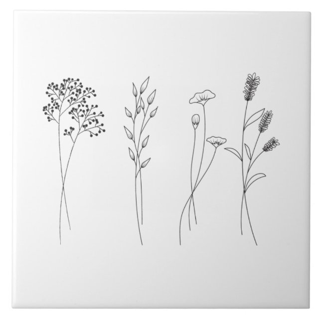 Stilvolle Wildblumen botanisch monochromatisch Fliese (Vorderseite)
