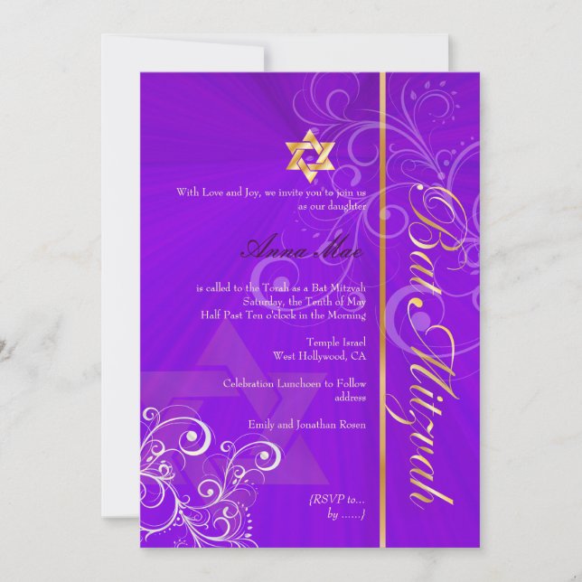 Stilvolle Wirbel Bat Mitzvah/Indigo/Gold Einladung (Vorderseite)