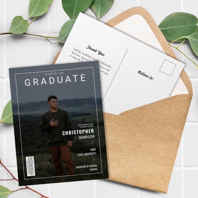 Stilvolle Zeitschrift Cover Foto Graduate Ankündig Postkarte (Stylish Magazine Cover Photo Graduate Announcement Postcard)