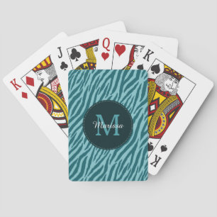 Stilvoller aquamariner Zebra-Druck mit Monogramm Spielkarten