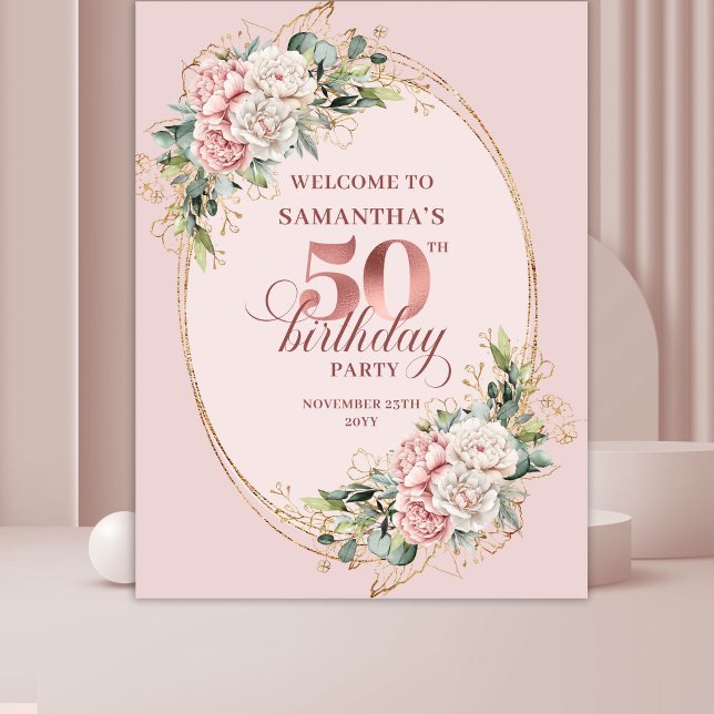 Stilvoller botanischer Rouge 50. Geburtstag Hinter Wandteppich (Stylish Botanical Blush 50th Birthday Backdrop)