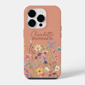 Stilvoller botanischer Wildblumen-Monogramm Pfirsi iPhone 14 Pro Hülle