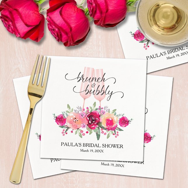 Stilvoller Brunch und blubbly Brautparty Serviette (Chic champagne flutes with watercolor pink and cream floral bridal shower personalized napkins)