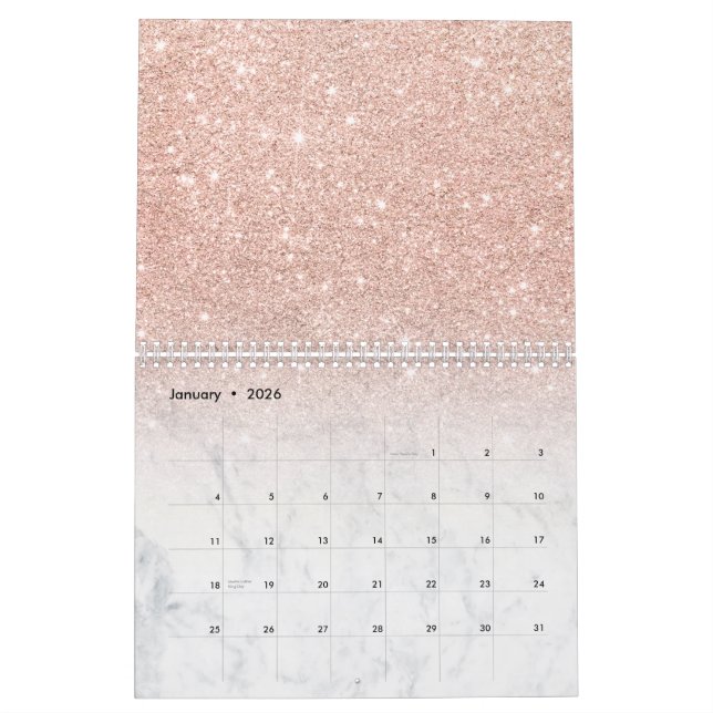 Stilvoller Chic-RosengoldGlitter ombre Weißmarmor Kalender (Jan 2026)