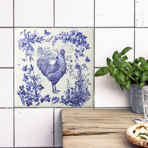 Stilvoller eleganter Vintage-Hahn, blaues Blumen-T Fliese