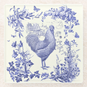 Stilvoller eleganter Vintage-Hahn, blaues Blumen-T Glasuntersetzer