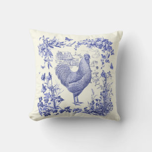 Stilvoller eleganter Vintage-Hahn, blaues Blumen-T Kissen