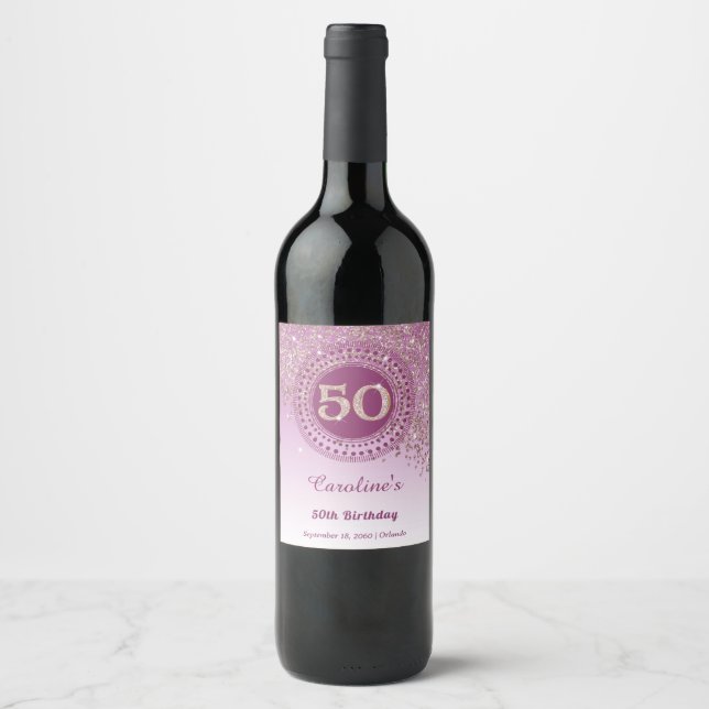 Stilvoller fallender Roségold-Glitter 50. Geburtst Weinetikett (Vorderseite)