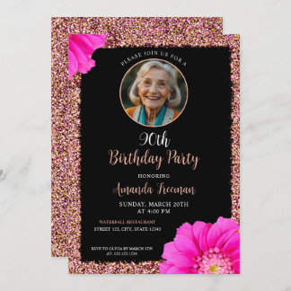 Stilvoller floraler Glitzer 90. Geburtstag Einladung