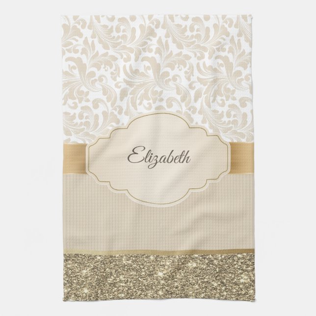 Stilvoller Gold Glitzer Vintag Damask Geschirrtuch (Vertikal)