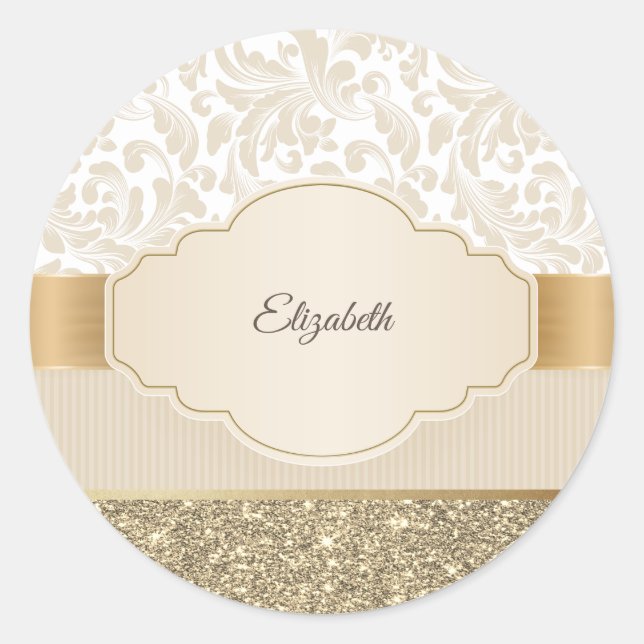Stilvoller Gold Glitzer Vintag Damask Runder Aufkleber (Vorderseite)