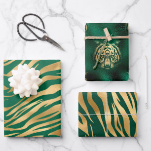 Stilvoller grüner und goldener Tigerkopf und Strei Geschenkpapier Set