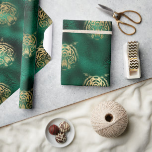 Stilvoller grüner und goldener Wilder-Tiger-Gesich Geschenkpapier