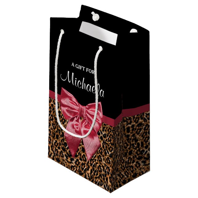 Stilvoller Leopard-Druck-eleganter roter Bogen und Kleine Geschenktüte (Vorderseite Schrägansicht)