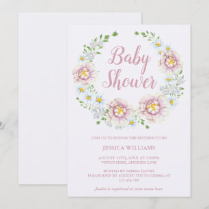 Stilvoller Pfingstrosen-Blumenkranz Baby Shower Einladung