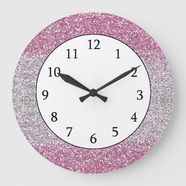 Stilvoller Pink Ombre Glitzer Funkelnd Große Wanduhr (Vorderseite)