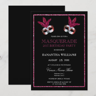 Stilvoller Rosa Glitzer Masquerade 21. Geburtstag Einladung