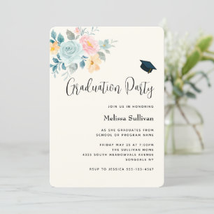 Stilvoller rosa und blauer Blumenstrauß zur Abschl Einladung