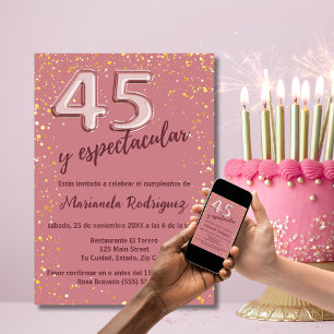 Stilvoller Roségold Glitter 45. Geburtstag Spanisc Einladung
