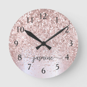 Stilvoller Roségold Glitter Metallischer Monogramm Runde Wanduhr