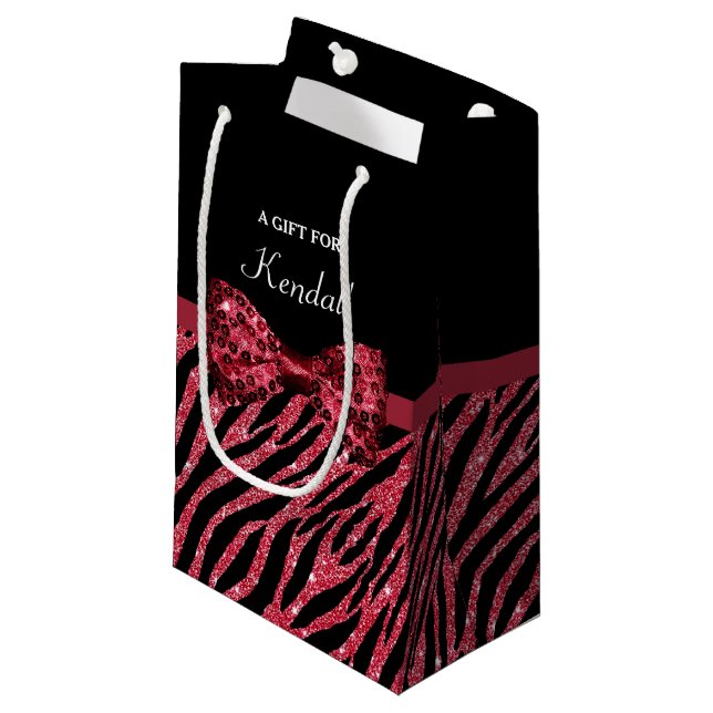 Stilvoller roter Zebra-Druck IMITAT Glitz-Bogen Kleine Geschenktüte (Vorderseite Schrägansicht)