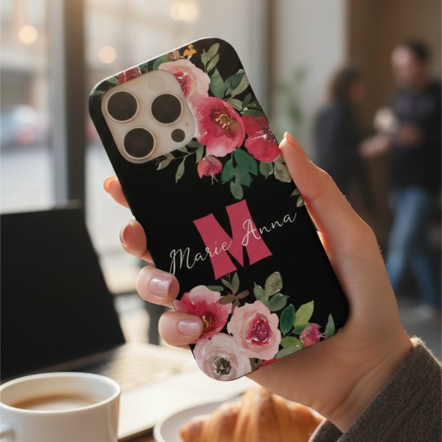Stilvoller schwarzer und rosa floraler Wasserfarbe iPhone Hülle (Von Creator hochgeladen)
