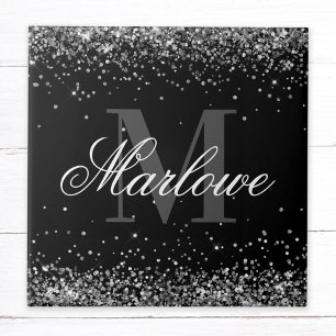 Stilvoller Silber-Glitter Schwarz-Weiß-Monogramm Fliese