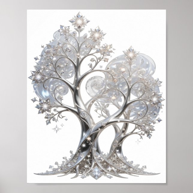 Stilvoller silberner WINTERBAUM Poster (Vorne)