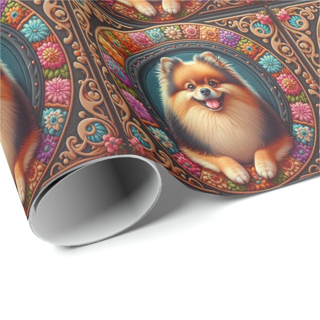Stilvoller Spitz Hund bläserfarbene Grenze Geschenkpapier (Rolleneckpunkt)