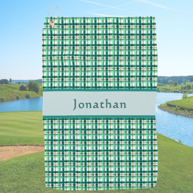 Stilvoller tealgrüner Karo-Personalisierte Name  Golfhandtuch (Von Creator hochgeladen)