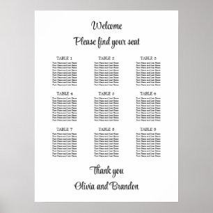 Stilvoller Tisch-Hochzeit-Sitzplan-Poster mit 9 Ti Poster