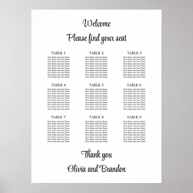 Stilvoller Tisch-Hochzeit-Sitzplan-Poster mit 9 Ti Poster (Vorne)