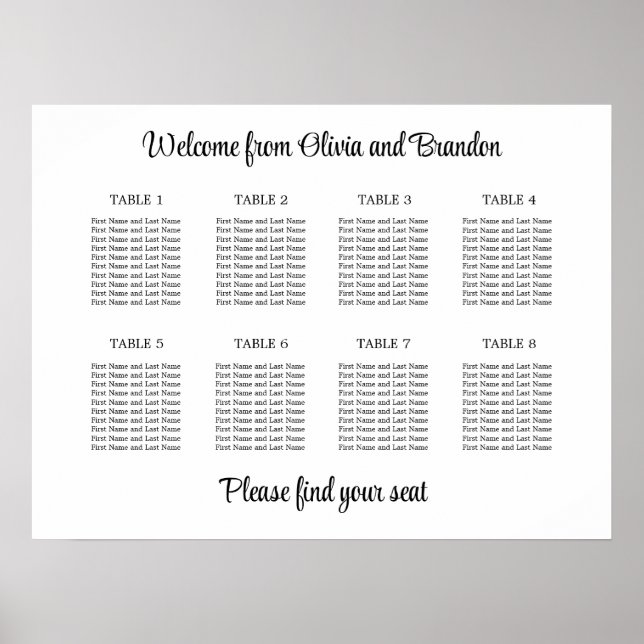 Stilvoller Tisch-Wedding-Sitzplanposter für 8 Tisc Poster (Vorne)