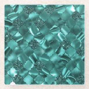 Stilvoller Türkis-Schimmer-Glitter und -Folie Vier Glasuntersetzer