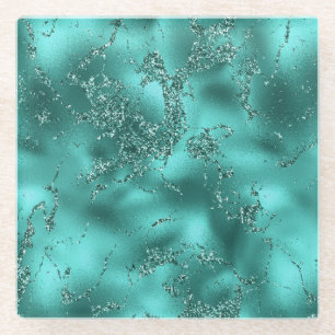 Stilvoller Türkis-Schimmer-Glitter- und Folien-Mar Glasuntersetzer