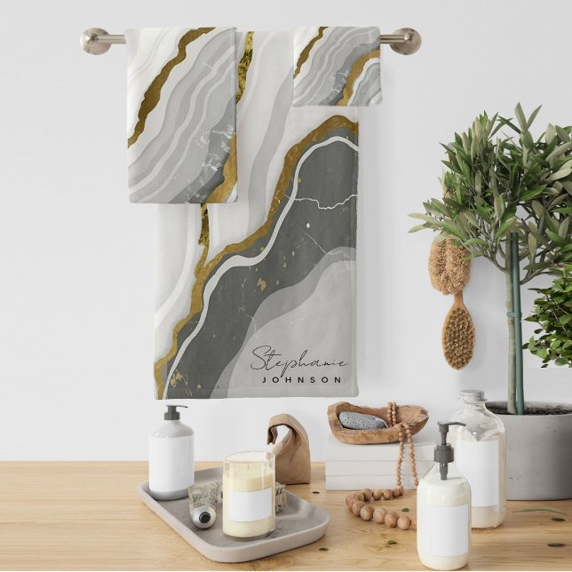 Stilvoller, weißer Marmorgrau Agate Gold Glitzer Badhandtuch Set (Stylish White Marble gray Agate Gold Glitter Bath Towel Set)