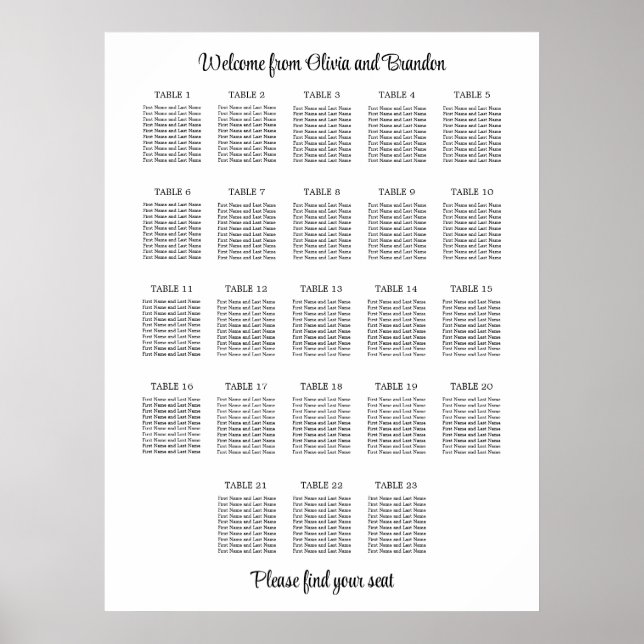 Stilvolles 23 Table Wedding Seating Chart Poster (Vorne)