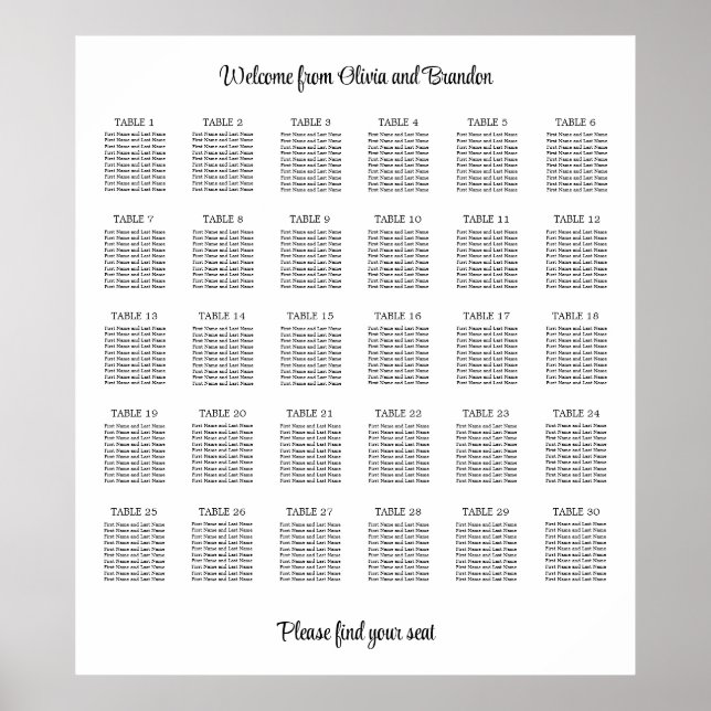 Stilvolles 30 Tisch Hochzeitsstühle-Chart-Poster Poster (Vorne)