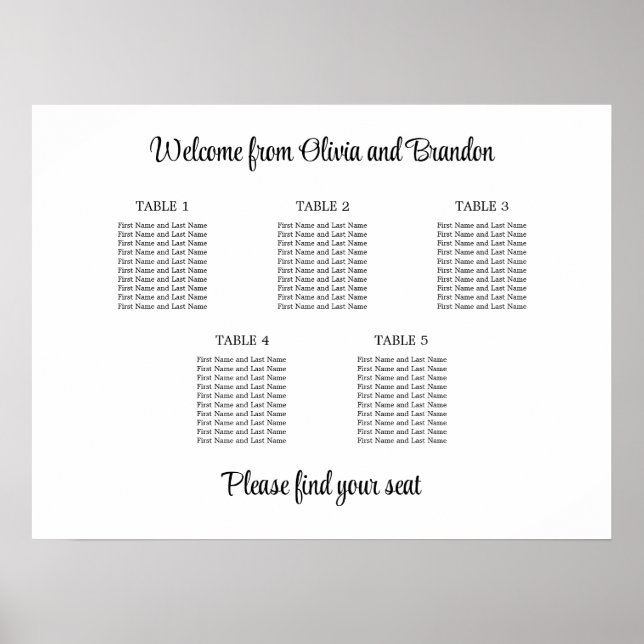Stilvolles 5 Table Wedding Seating Chart Poster (Vorne)