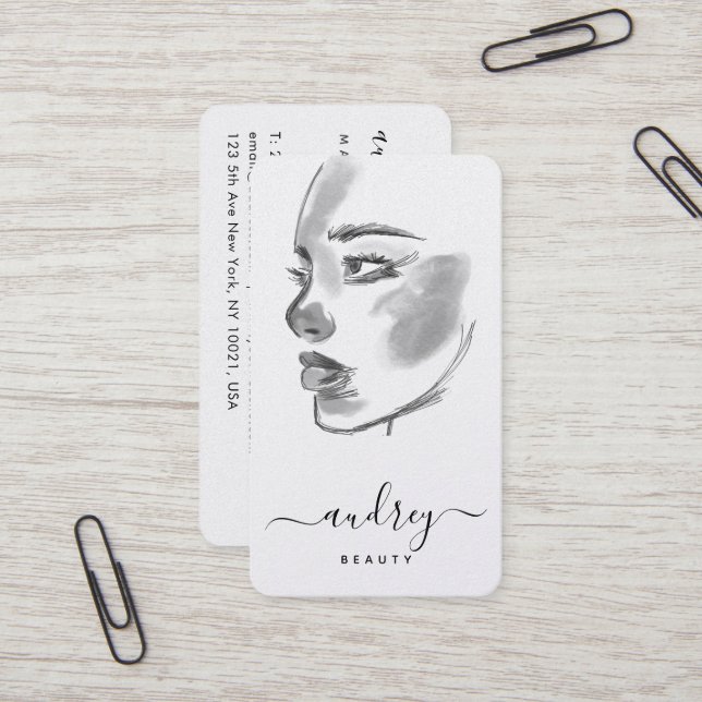 Stilvolles Beauty Schwarz-weiß Watercolor Script Visitenkarte (Vorderseite/Rückseite Beispiel)