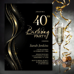 Stilvolles Black and Gold 40. Geburtstags-Party Einladung