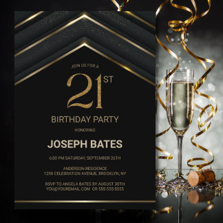 Stilvolles Black Gold 21. Geburtstag Party Einladung