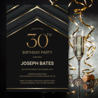 Stilvolles Black Gold 30. Geburtstag Party Einladung