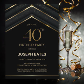 Stilvolles Black Gold 40. Geburtstag Party Einladung