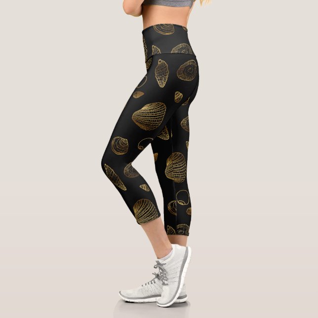Stilvolles Black Gold Seashells Muster Capri Leggings (Links)