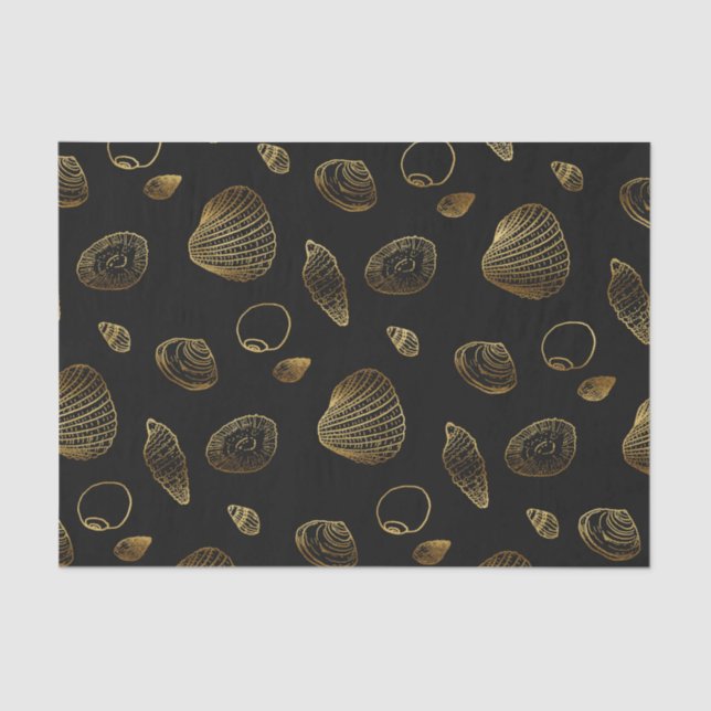 Stilvolles Black Gold Seashells Muster Seidenpapier (Vorderseite)