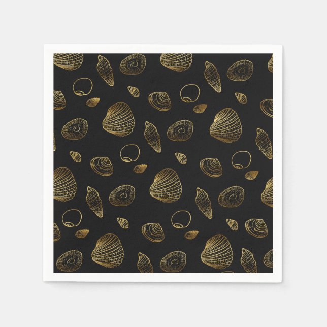 Stilvolles Black Gold Seashells Muster Serviette (Vorderseite)